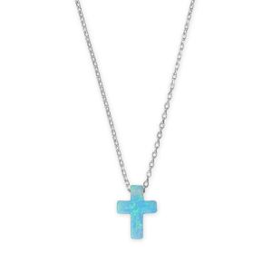 16 + 2 Rhodium Plated Synthetic Opal Cross Necklace