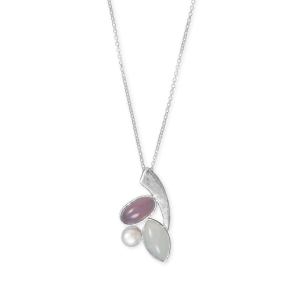 18 Rainbow Moonstone, Cultured Freshwater Pearl and Pink Chalcedony Necklace
