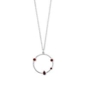 16 + 2 Rhodium Plated Garnet and Hammered Circle Necklace