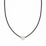 16 Black Leather and Floating Cultured Freshwater Pearl Necklace