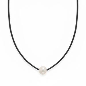 16 Black Leather and Floating Cultured Freshwater Pearl Necklace