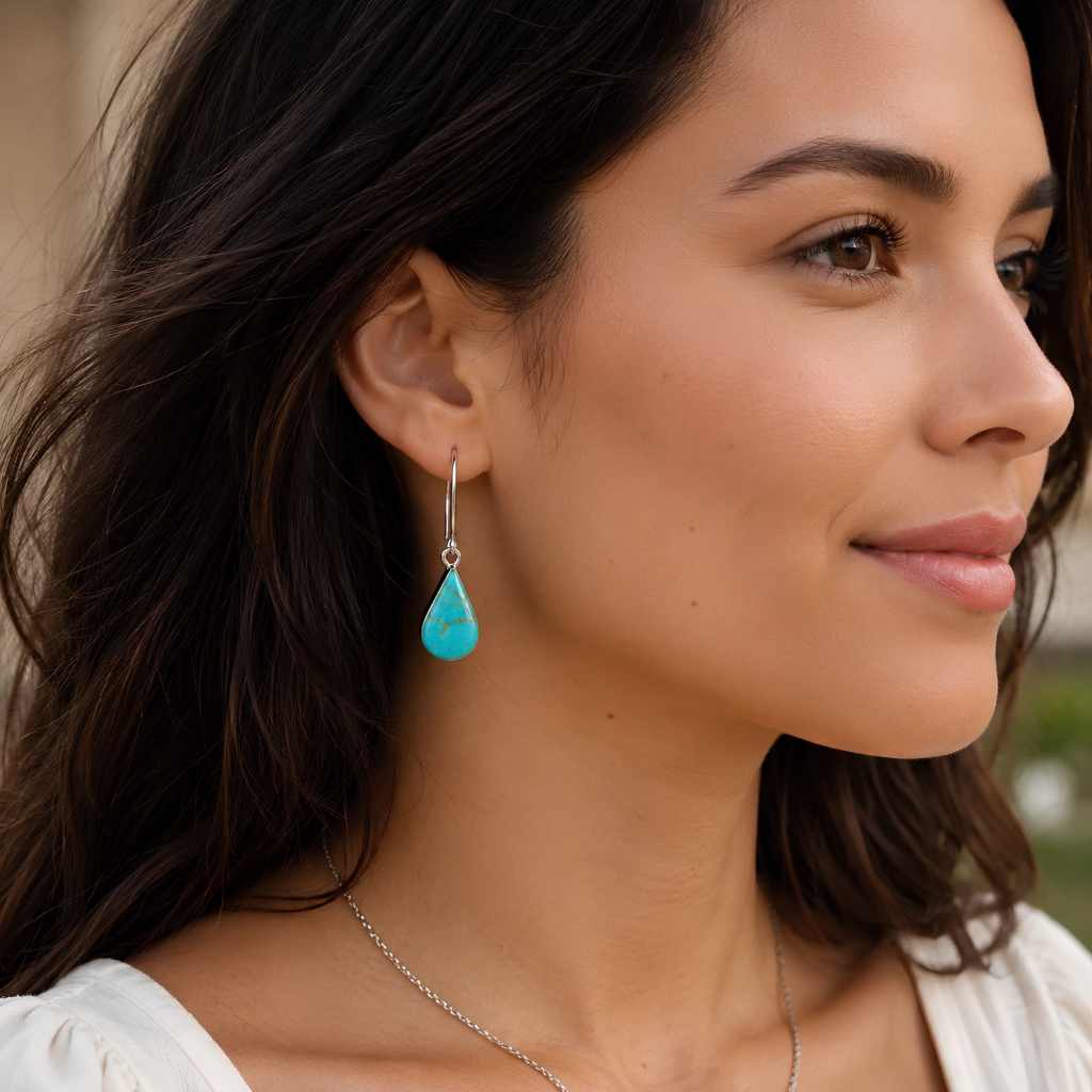 Woman wearing sterling silver turquoise drop earrings