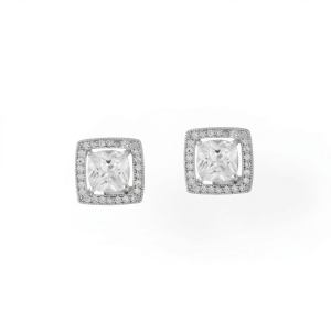 Rhodium Plated Square CZ with Halo Stud Earrings