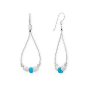 Cultured Freshwater Pearl and Turquoise Liquid Silver Pear Outline Earrings