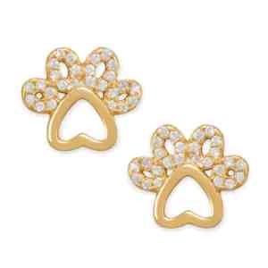 14 Karat Gold Plated CZ Lined Paw Print Stud Earrings