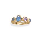 14 Karat Gold Plated Amethyst, Chalcedony and Glass Ring