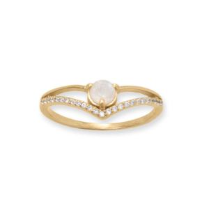 14 Karat Gold Plated CZ and Rainbow Moonstone V Ring