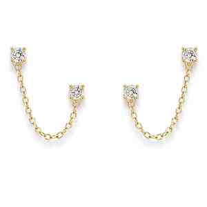 Pair of gold-plated double-post earrings with small crystal studs connected by fine chains