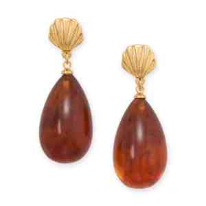 Gold Tone Shell and Marbled Acrylic Drop Fashion Earrings