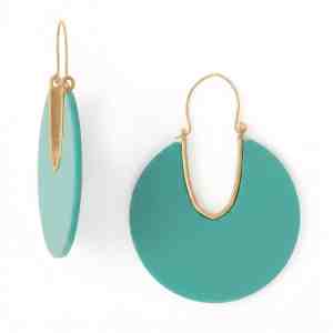 Matte Gold Tone Round Teal Acrylic Wire Drop Fashion Earrings
