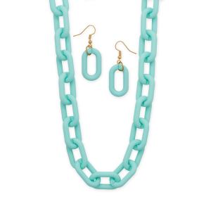 16 + 3 Gold Tone Pastel Blue Silicone Link Fashion Necklace and Earring Set