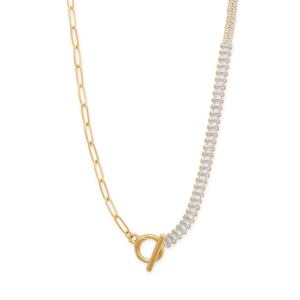18 Gold Tone Asymmetrical CZ and Paperclip Toggle Fashion Necklace