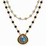 Gold-plated double-strand necklace with black onyx and labradorite beads and a pear-shaped labradorite pendant