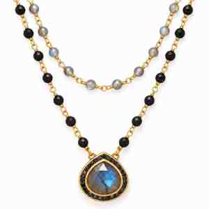 Gold-plated double-strand necklace with black onyx and labradorite beads and a pear-shaped labradorite pendant