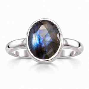 Oval faceted labradorite ring in sterling silver with gray and blue tones