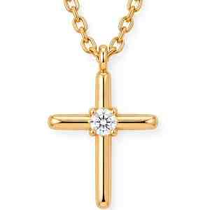Gold cross necklace with a small round diamond centered on the cross pendant