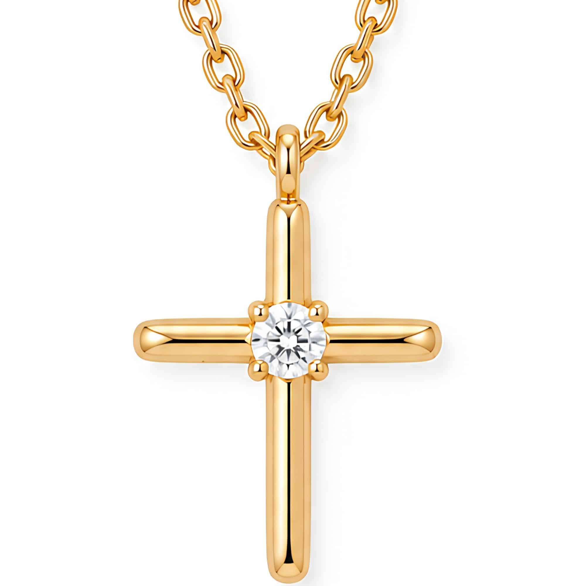 Gold cross necklace with a small round diamond centered on the cross pendant