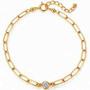 Gold-filled paperclip chain bracelet with a single round bezel-set lab-grown diamond