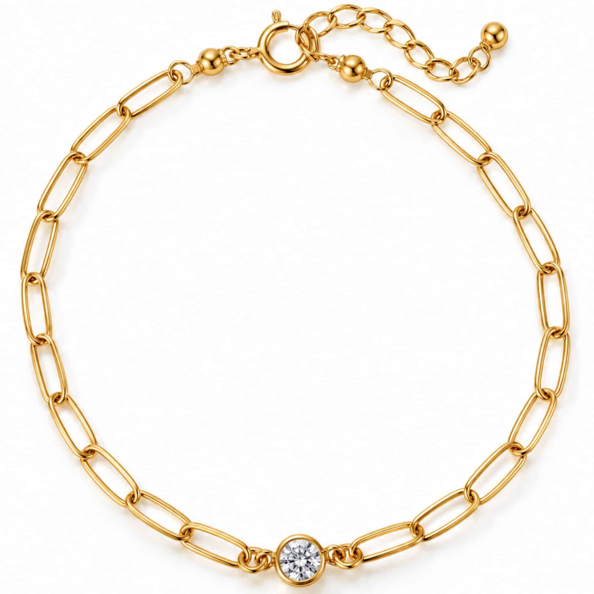Gold-filled paperclip chain bracelet with a single round bezel-set lab-grown diamond
