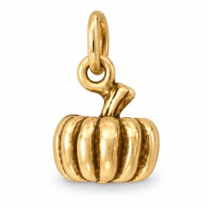 Gold-finish 3D pumpkin charm with sculpted ridges, curved stem and top hanging ring.