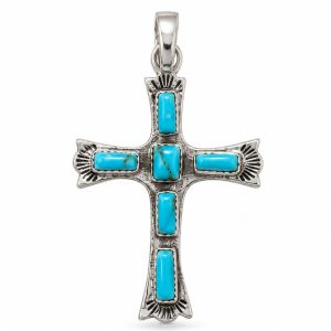 Oxidized silver cross pendant set with six rectangular blue turquoise pieces and decorative detailing.