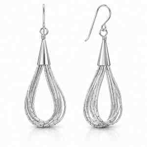 Ten-strand sterling silver loop drop earrings with French wire hooks on a white background.