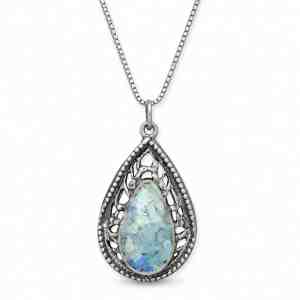 Oxidized sterling silver necklace with pear-shaped Roman glass pendant