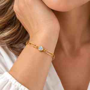 Gold-filled paperclip chain bracelet with a single round bezel-set lab-grown diamond