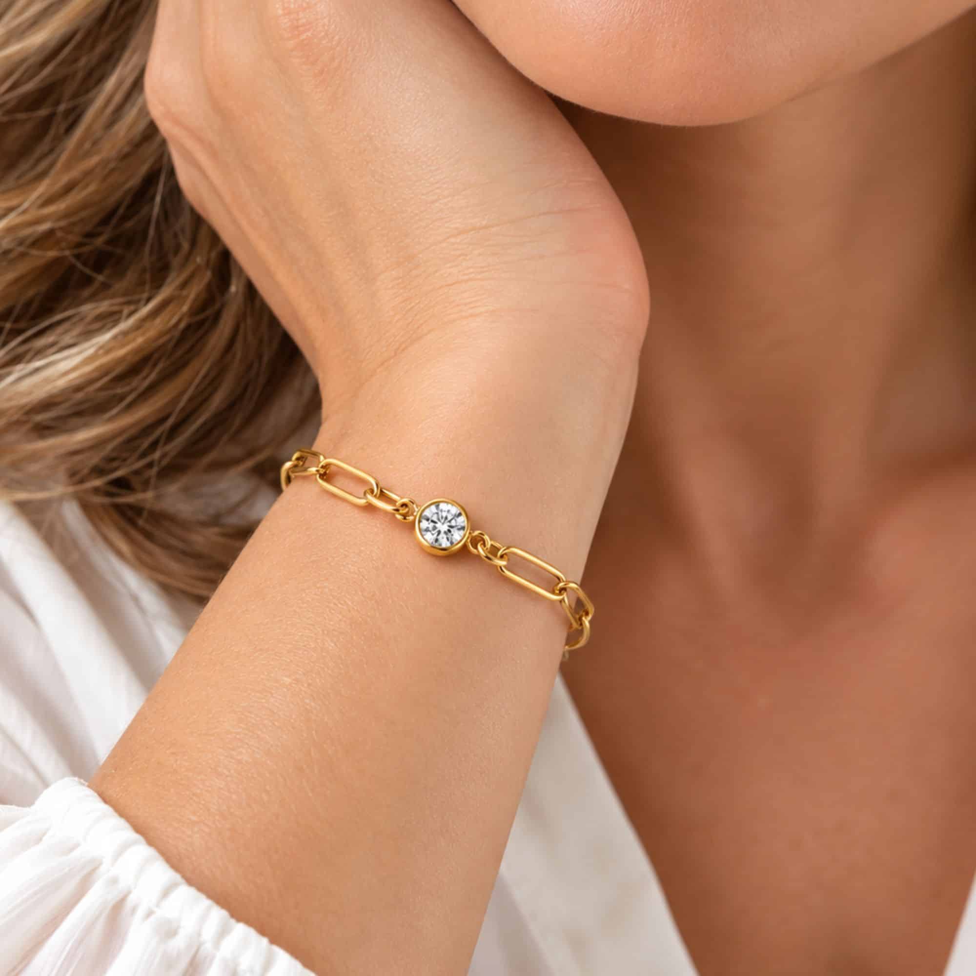 Gold-filled paperclip chain bracelet with a single round bezel-set lab-grown diamond