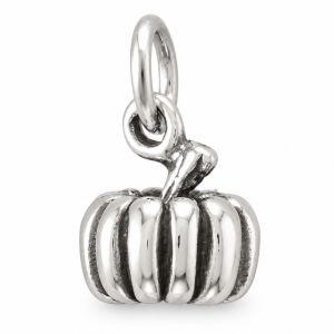 Gold-finish 3D pumpkin charm with sculpted ridges, curved stem and top hanging ring.