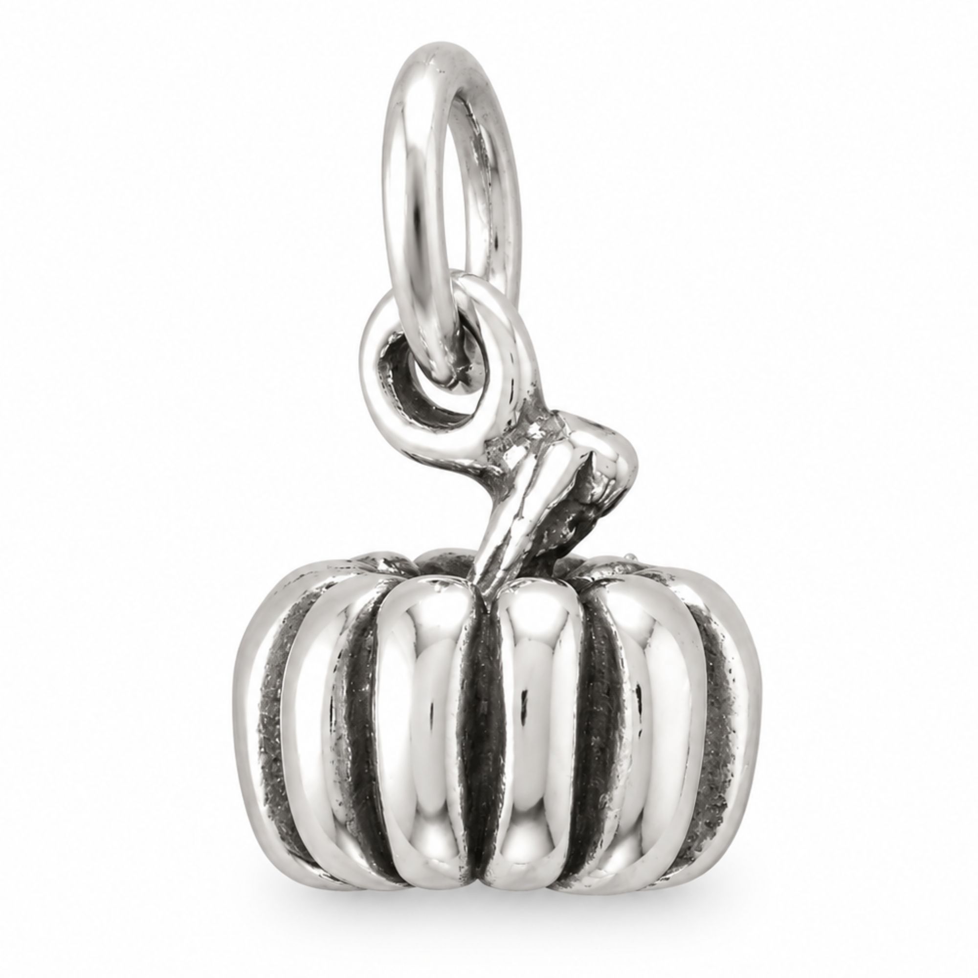 Gold-finish 3D pumpkin charm with sculpted ridges, curved stem and top hanging ring.