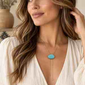 Gold bolo necklace with a large turquoise-colored oval centerpiece and two hanging chain ends.
