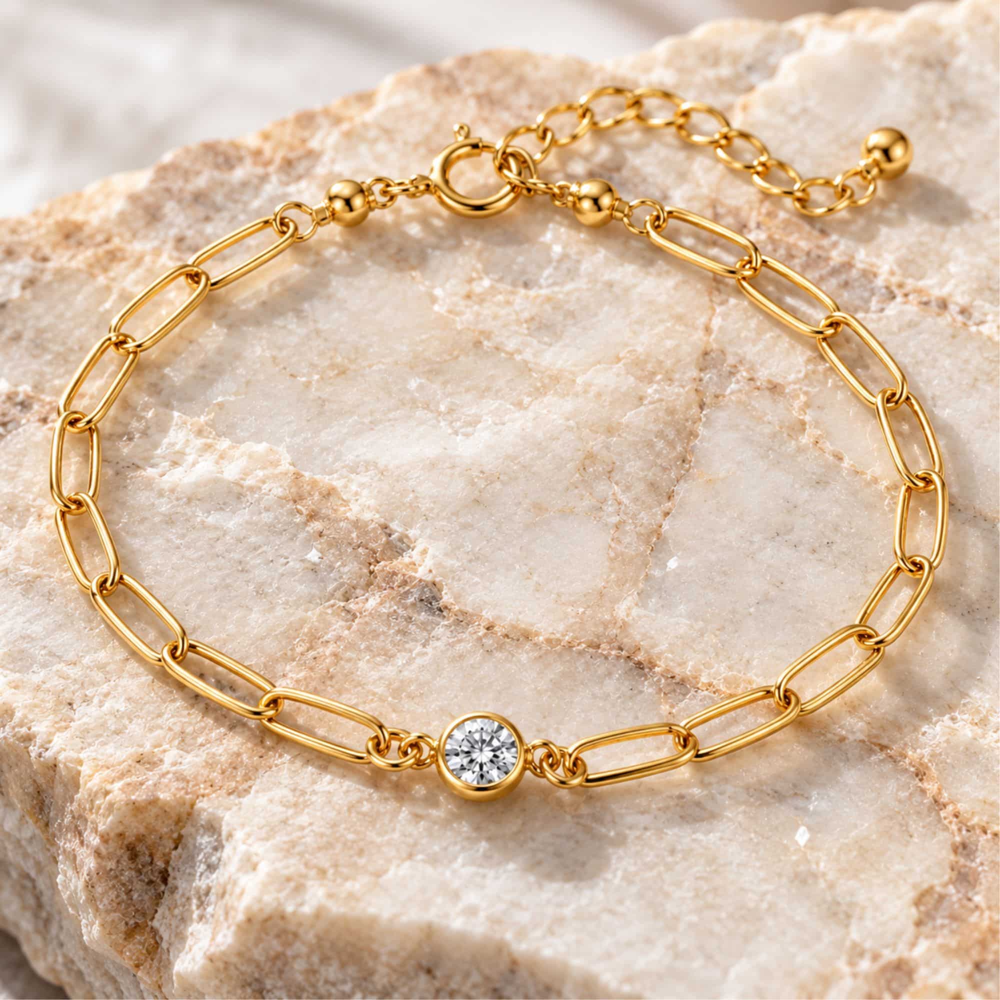 Gold-filled paperclip chain bracelet with a single round bezel-set lab-grown diamond
