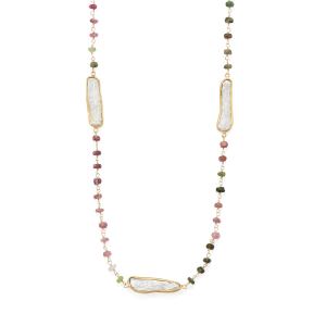 24  14 Karat Gold Plated Tourmaline and Cultured Freshwater Pearl Necklace