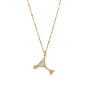 14 Karat Gold Plated CZ Martini Charm Necklace
