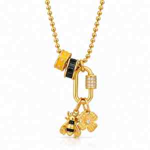 Gold-tone charm necklace with bee, flower, yellow enamel, black enamel and CZ-accented charms