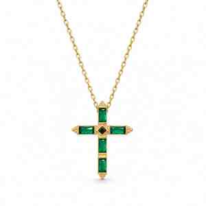 Gold-plated cross necklace with green baguette CZs and black center stone