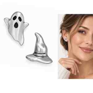 Mismatched sterling silver stud earrings with a ghost and witch hat design