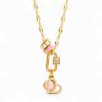 Gold-tone charm necklace with pink rose quartz, white jade, pink enamel and CZ-accented heart charms