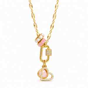 Gold-tone charm necklace with pink rose quartz, white jade, pink enamel and CZ-accented heart charms