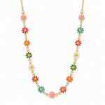Gold-tone choker necklace with small multicolor enamel flower charms in pink, blue, green, orange, red and white