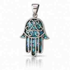 Oxidized sterling silver Hamsa pendant with blue-green Roman glass inlays