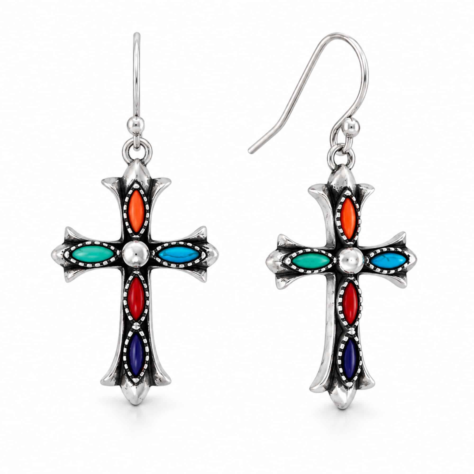 Oxidized Sterling Silver Turquoise, Coral & Lapis Cross Earrings