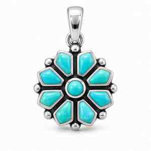 Oxidized sterling silver flower pendant with turquoise center and petal-shaped turquoise stones