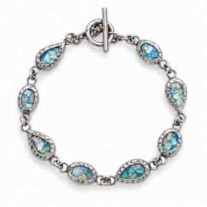 Oxidized sterling silver toggle bracelet with alternating pear and oval blue-green Roman glass settings