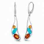 Sterling Silver Baltic Amber & Turquoise Leverback Earrings