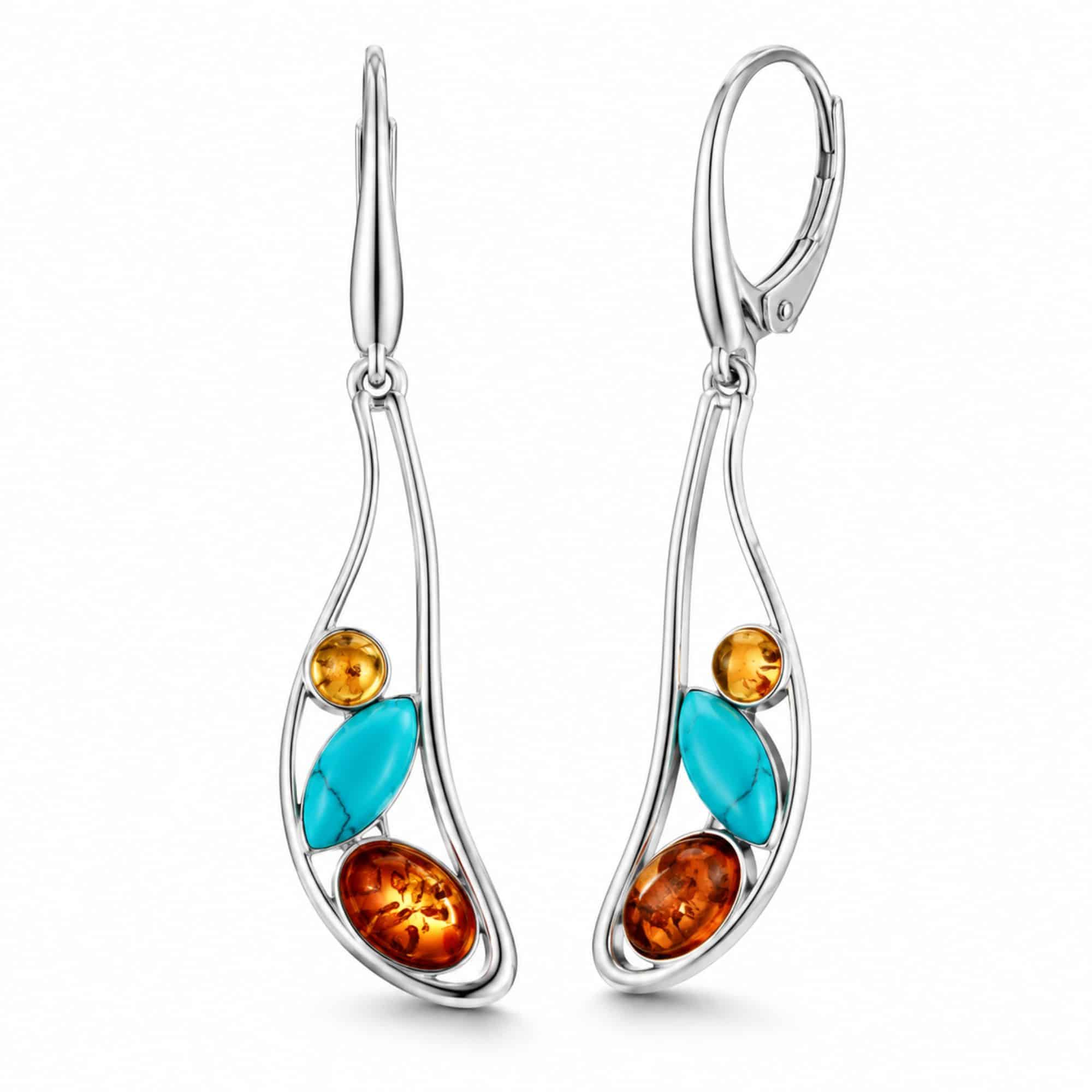 Sterling Silver Baltic Amber & Turquoise Leverback Earrings