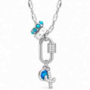 Silver saguaro cactus charm necklace with turquoise-blue, white and teal accents