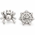 Mismatched sterling silver stud earrings featuring one spider and one open spiderweb design.