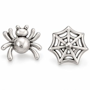 Mismatched sterling silver stud earrings featuring one spider and one open spiderweb design.